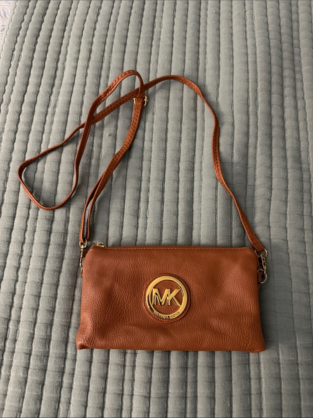 Michael Kors Tan Leather Crossbody with Gold MK Emblem